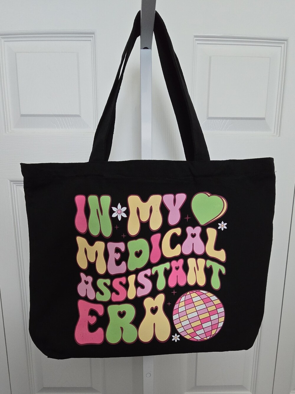 Black Tote Bag with Pink, Green & Cream Graphic - Medical Assistant Era